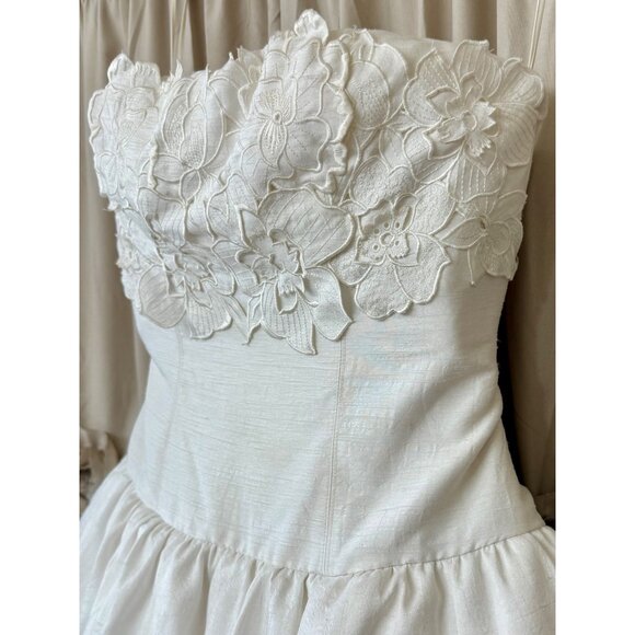 BHLDN x Anthropologie Strapless Floral Applique Bubble Hem White Mini Dress - Picture 6 of 16